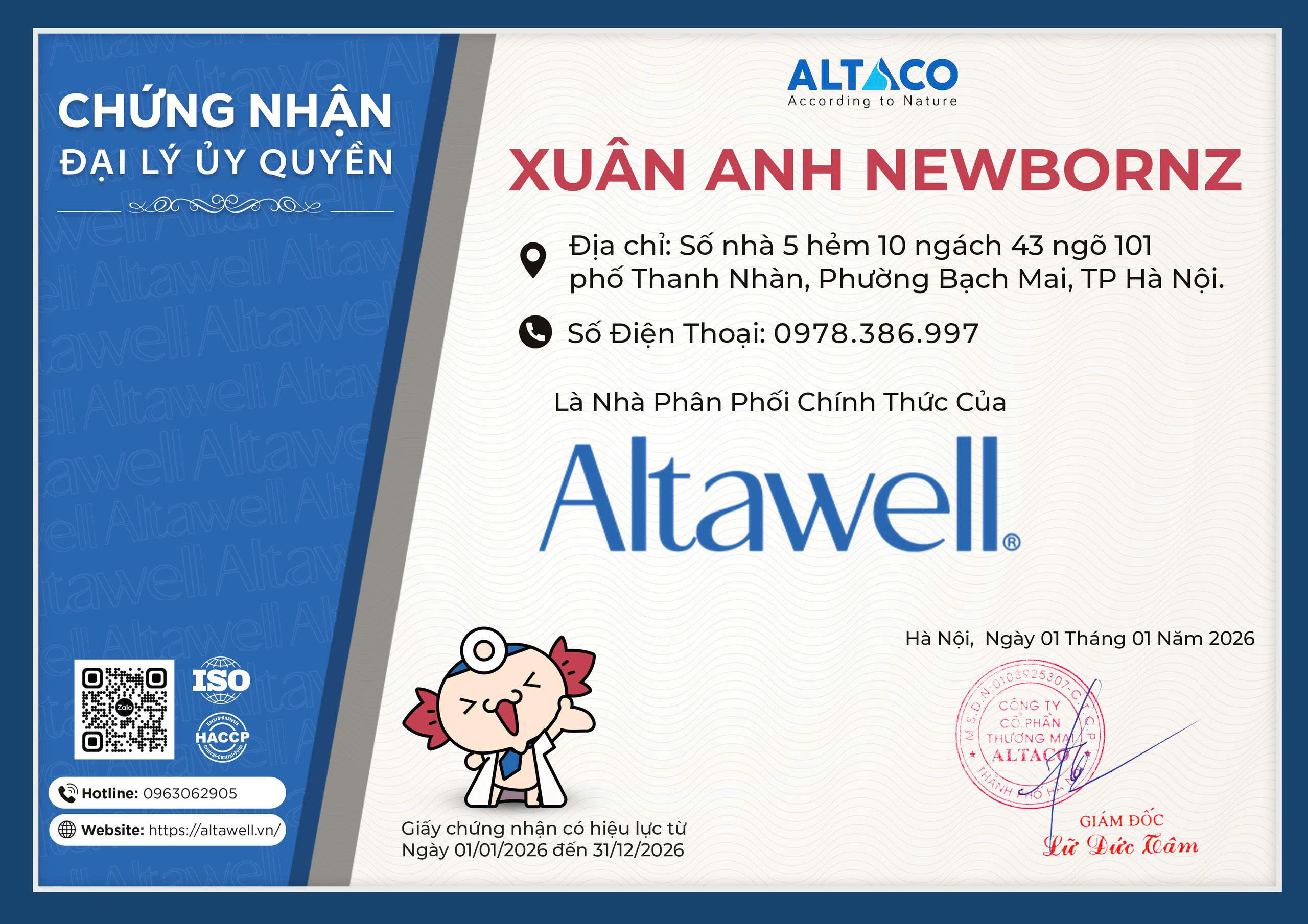 Chứng nhận đại lý NewbornZ - Altawell